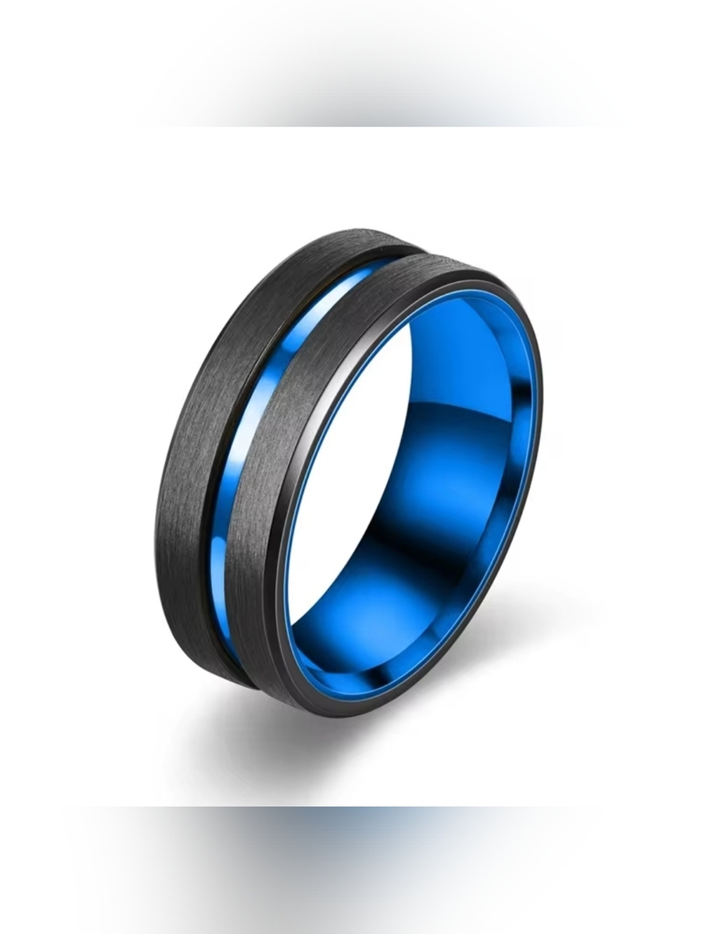 Tungsten 8mm Blue Beveled Edge Groove Ring Band